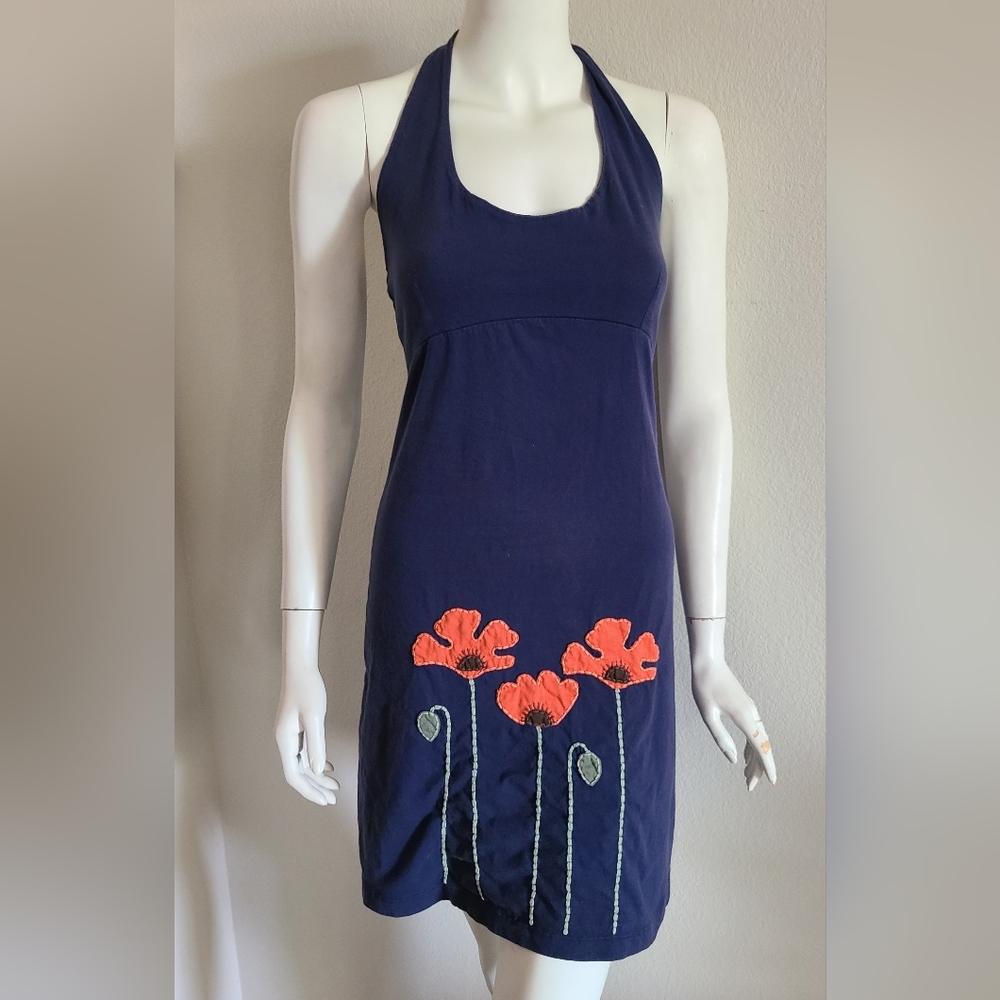 Synergy Navy Blue Sleeveless Dress with Floral Embroidery